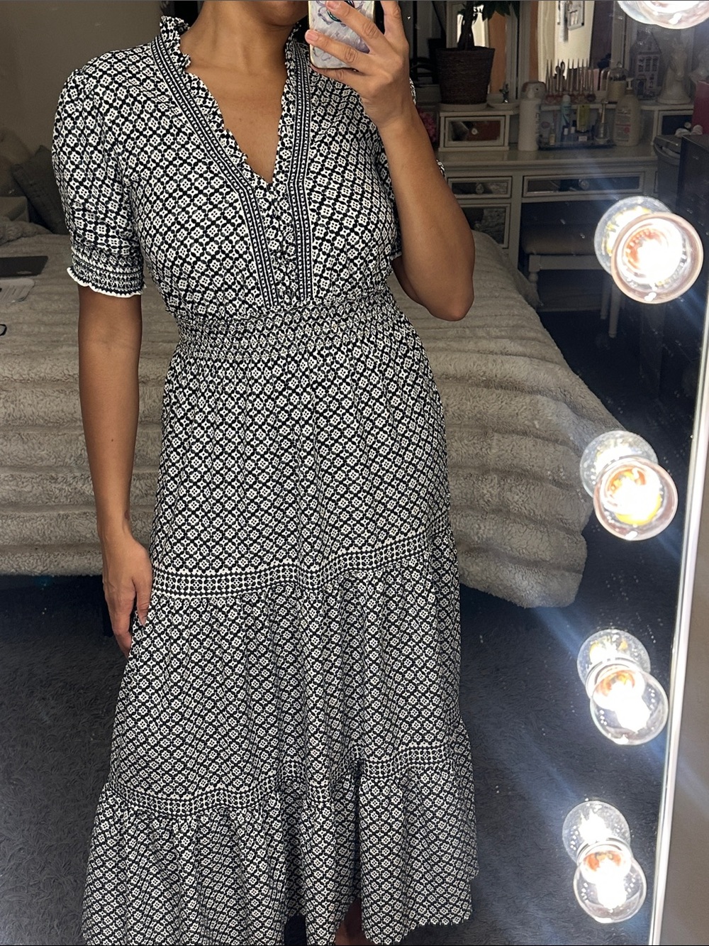 Maxi Studio London Used Blue, Black & White Printed Long Dress Smocked Waist Med